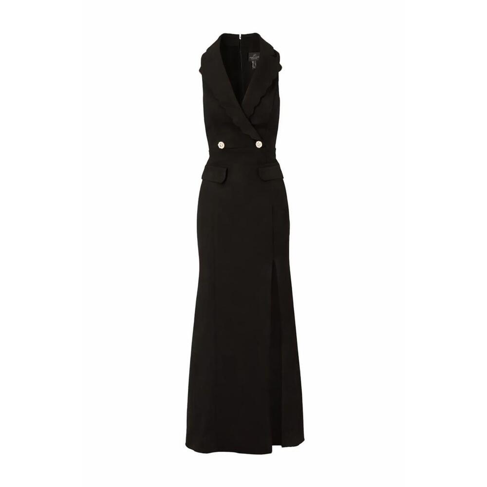 Adrianna Papell Scalloped Tuxedo Crepe Gown Pearl Buttons Black sz 14 Formal
